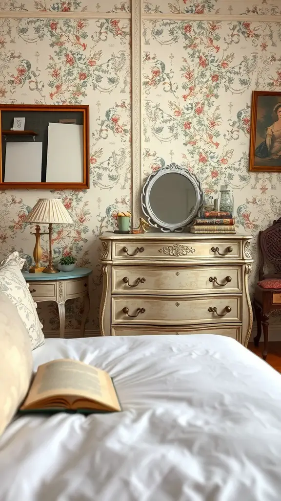 A cozy bedroom with antique furnishings, featuring a vintage dresser, elegant mirror, and floral wallpaper.