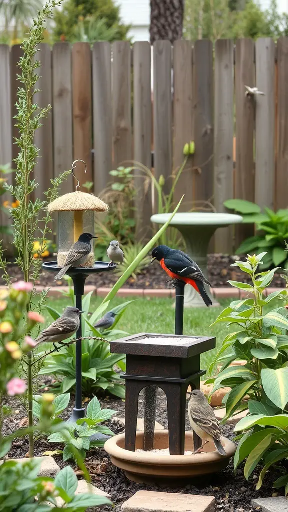 A serene backyard setting featuring bird feeders and birds enjoying the space.