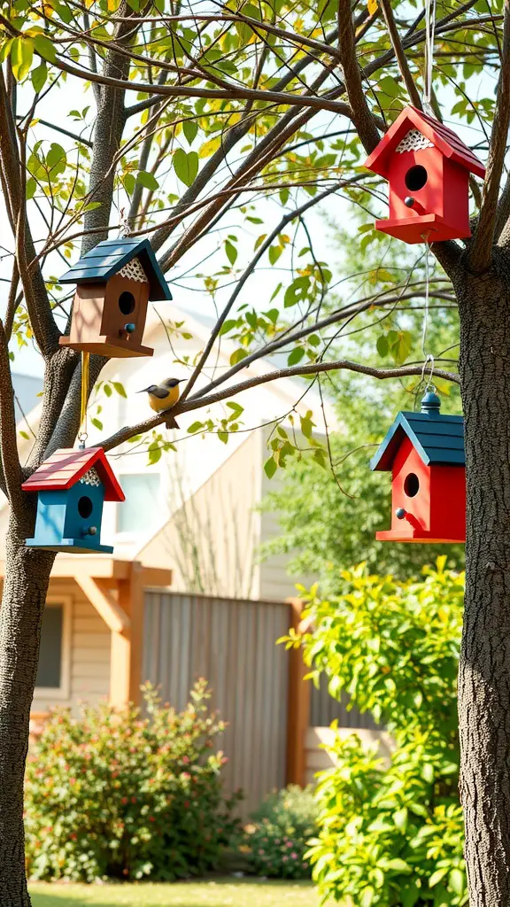 33 Cozy Backyard Ideas for Your Perfect Outdoor Oasis 28 Colorful birdhouses hanging from tree branches in a sunny backyard
