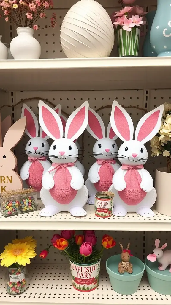 Display of various bunny decor items with flowers and colorful containers on a shelf