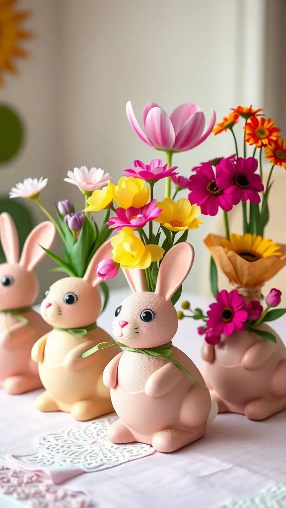 Colorful bunny planters with flowers on a table