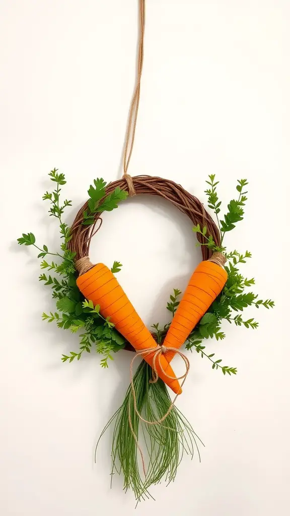 A charming wreath featuring two orange carrots with green foliage, tied with a rope, ideal for Easter decoration.