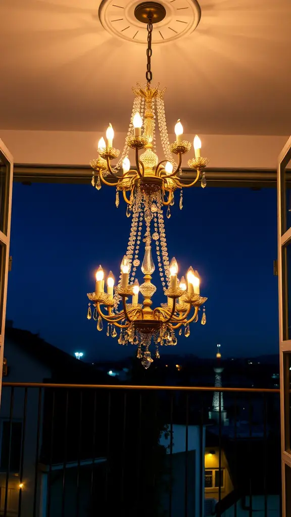 A beautiful chandelier hanging in a balcony setting, illuminated at night.