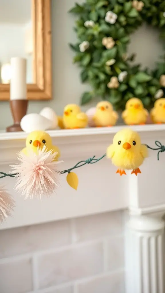 A charming chick garland featuring fluffy yellow chicks and pink pom-poms, perfect for Easter decoration.