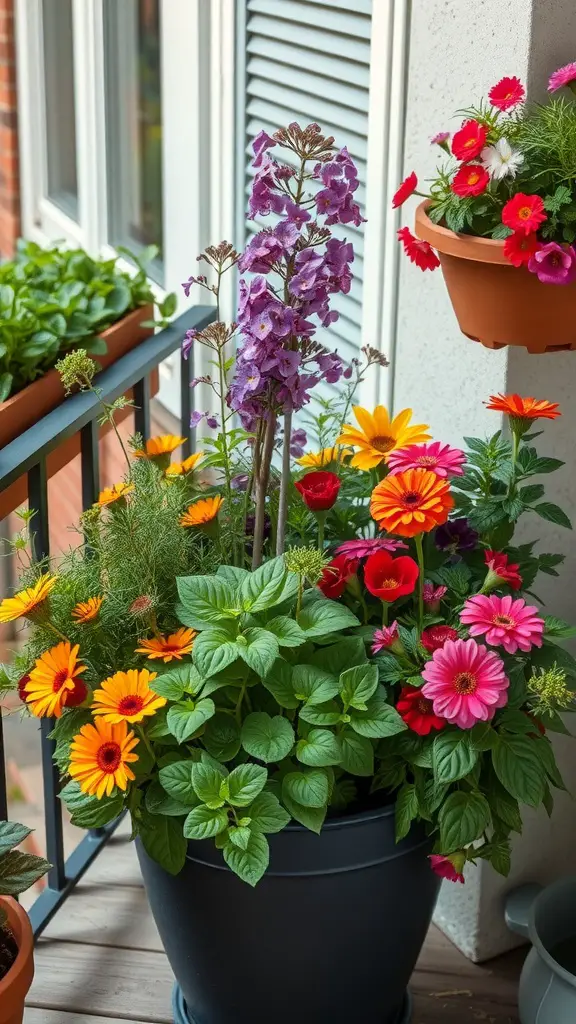 A colorful container garden featuring various flowers in a large pot on a balcony.