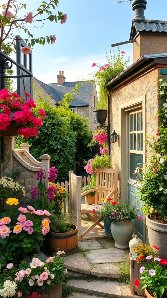 27 Stunning Front Garden Ideas to Transform Your Curb Appeal 8 A charming cottage garden with colorful flowers, a rustic wooden bench, and a quaint cottage door.