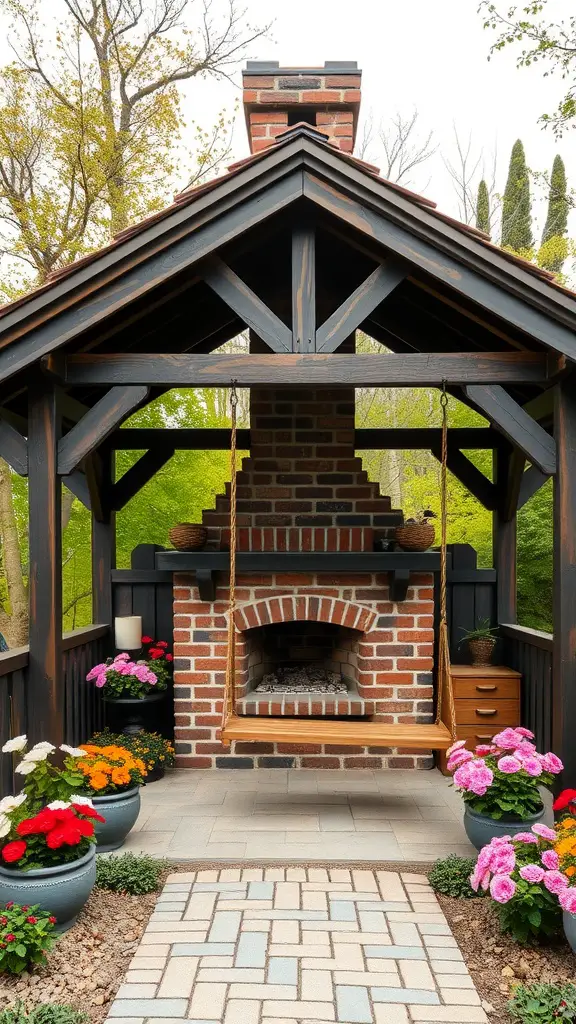 Charming outdoor pavilion with a brick fireplace, swing, and colorful flowers