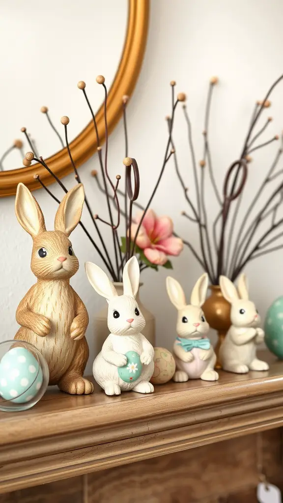 A decorative display of charming Easter bunny figurines on a mantel with decorative branches and a mirror.