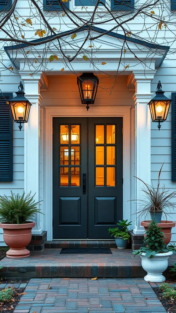 27 Cozy Front Porch Ideas for a Welcoming Home 20 Charming entryway with black doors, lanterns, and potted plants.