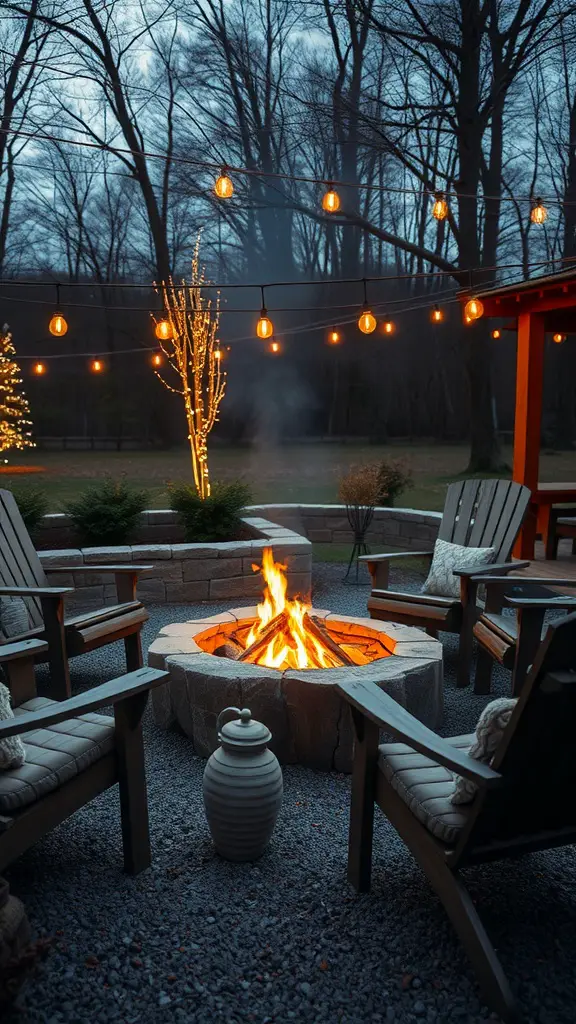 A warm fire pit surrounded by wooden chairs, decorated with string lights in a backyard.