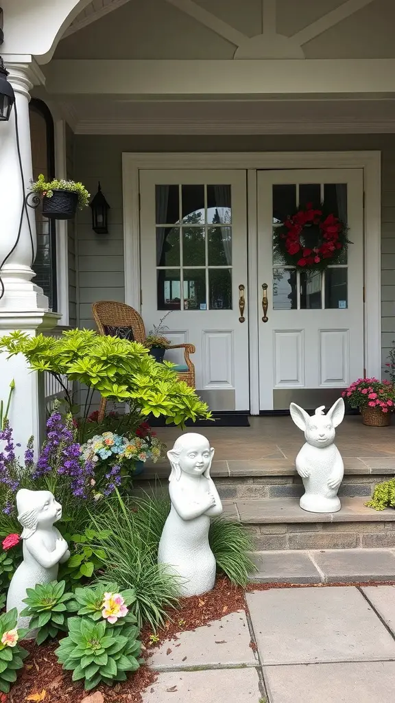 Three charming garden statues in front of a porch with flowers and greenery.