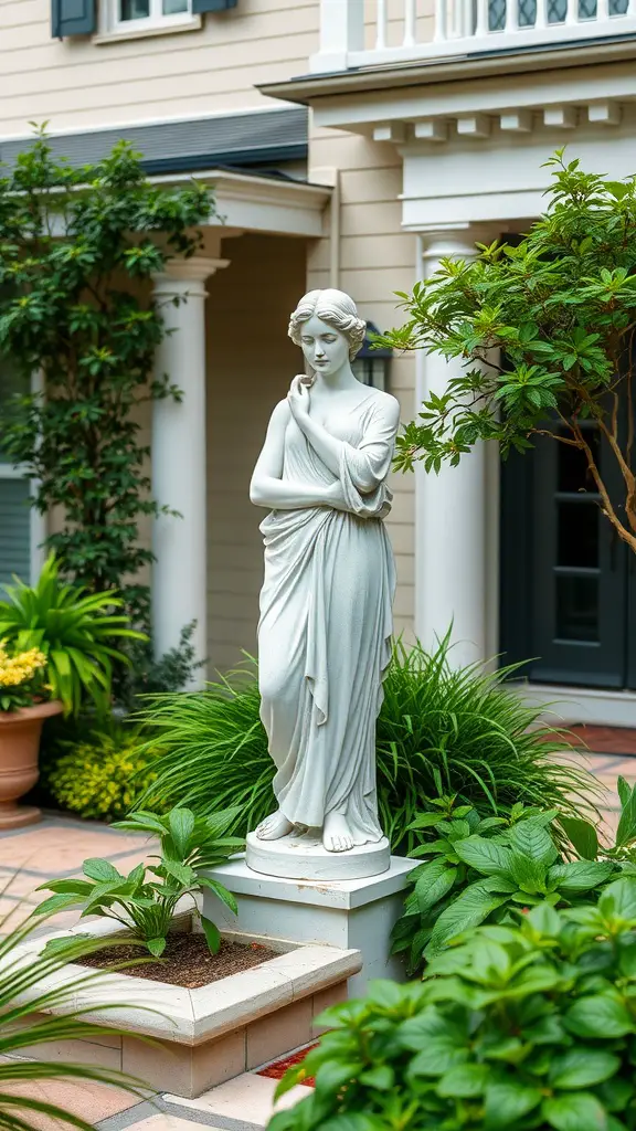 A white garden statue of a woman surrounded by green plants on a front patio.