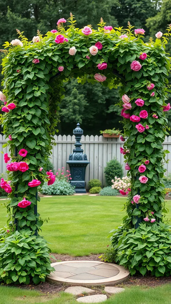 33 Cozy Backyard Ideas for Your Perfect Outdoor Oasis 9 A charming garden trellis covered in pink and cream roses, with a lush green landscape in the background.