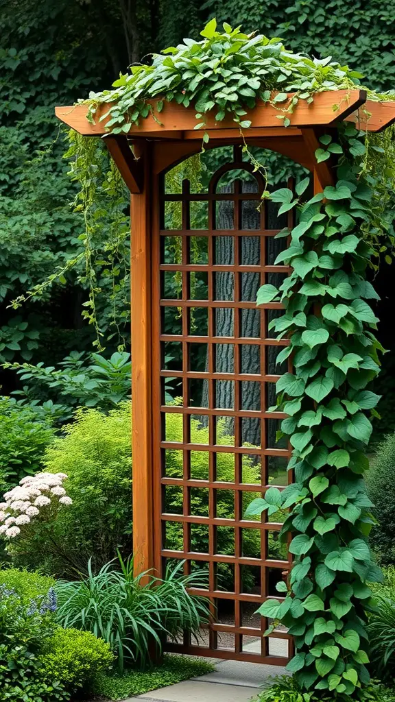 27 Absolutely Stunning Secret Garden Ideas to Inspire Your Space 22 A wooden garden trellis adorned with green vines and surrounded by lush plants.