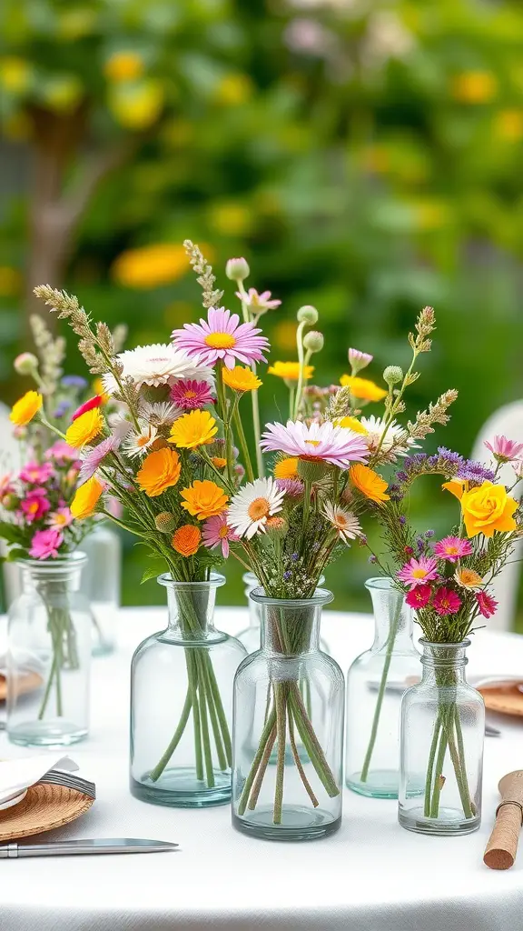 A collection of glass vases filled with colorful flowers on a dining table