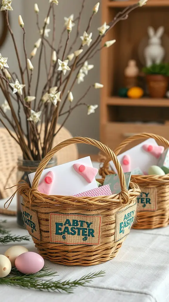 Two charming jute twine Easter baskets filled with colorful eggs and cards.