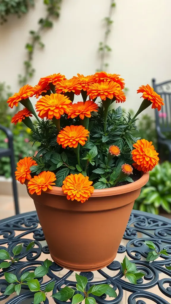 27 Stunning Potted Flowers Perfect for Your Patio 9 A potted marigold plant with vibrant orange flowers on a patio table.