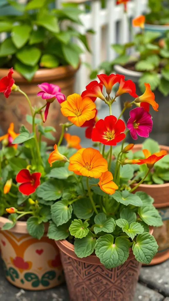 27 Stunning Potted Flowers Perfect for Your Patio 28 Colorful potted nasturtium flowers in various pots on a patio