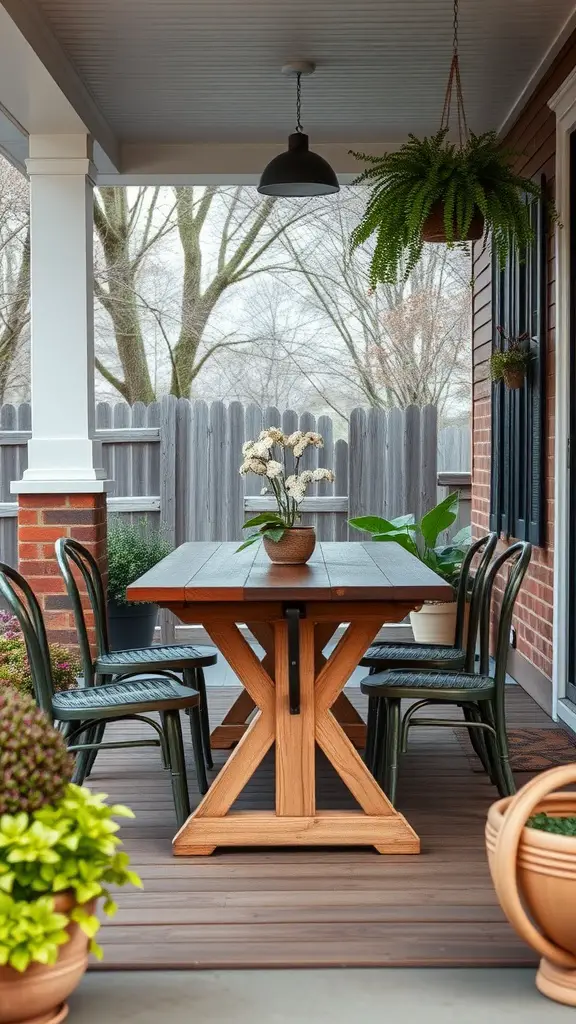 A charming outdoor dining area featuring a wooden table surrounded by chairs, with potted plants and hanging greenery.