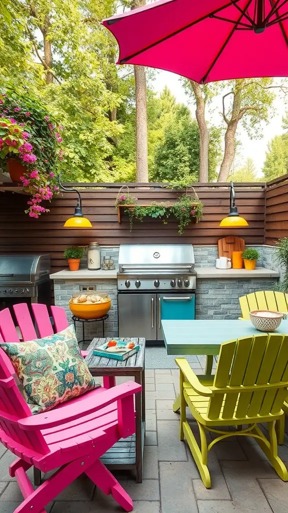35 Creative Backyard Kitchen Ideas for Outdoor Cooking Enthusiasts 27 A vibrant backyard kitchen featuring pink and yellow outdoor furniture, a grill, and colorful decorations.