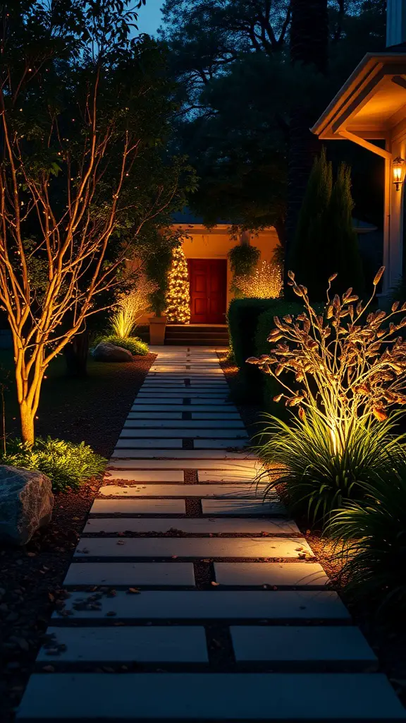 27 Stunning Front Garden Ideas to Transform Your Curb Appeal 30 A beautifully lit pathway in a front garden at night, showcasing stone slabs and illuminated trees.