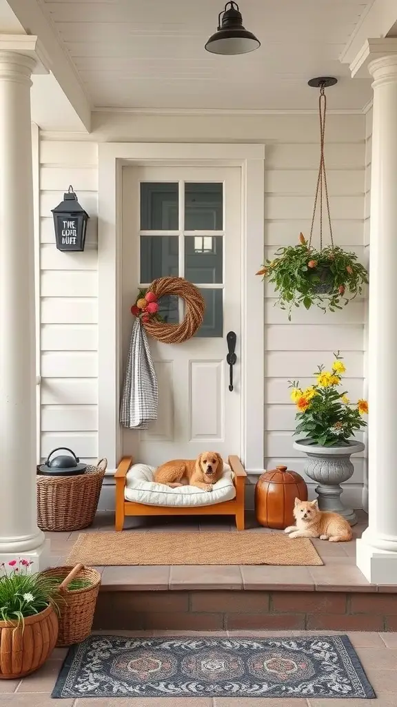 27 Cozy Front Porch Ideas for a Welcoming Home 16 Cozy front porch with a dog bed, a golden retriever, a cat, and potted plants.