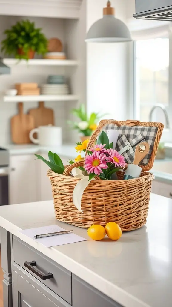 A charming picnic basket filled with flowers and kitchen utensils on a kitchen island.