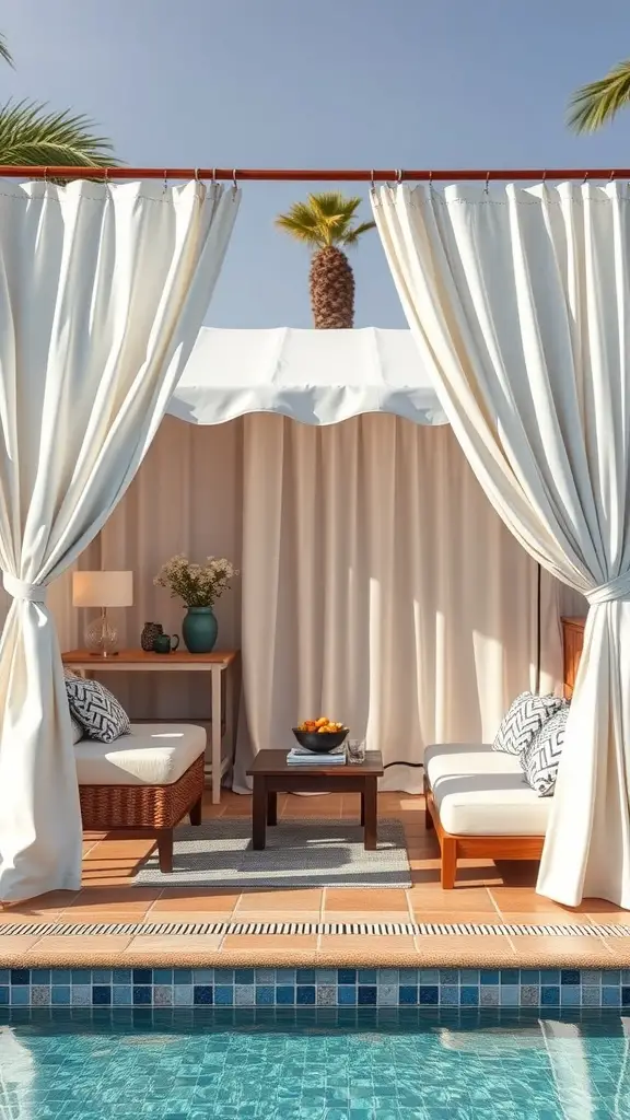 33 Creative Backyard Pool and Patio Ideas for Your Dream Outdoor Space 9 A cozy poolside cabana with white curtains, comfortable seating, and a small table, surrounded by palm trees.
