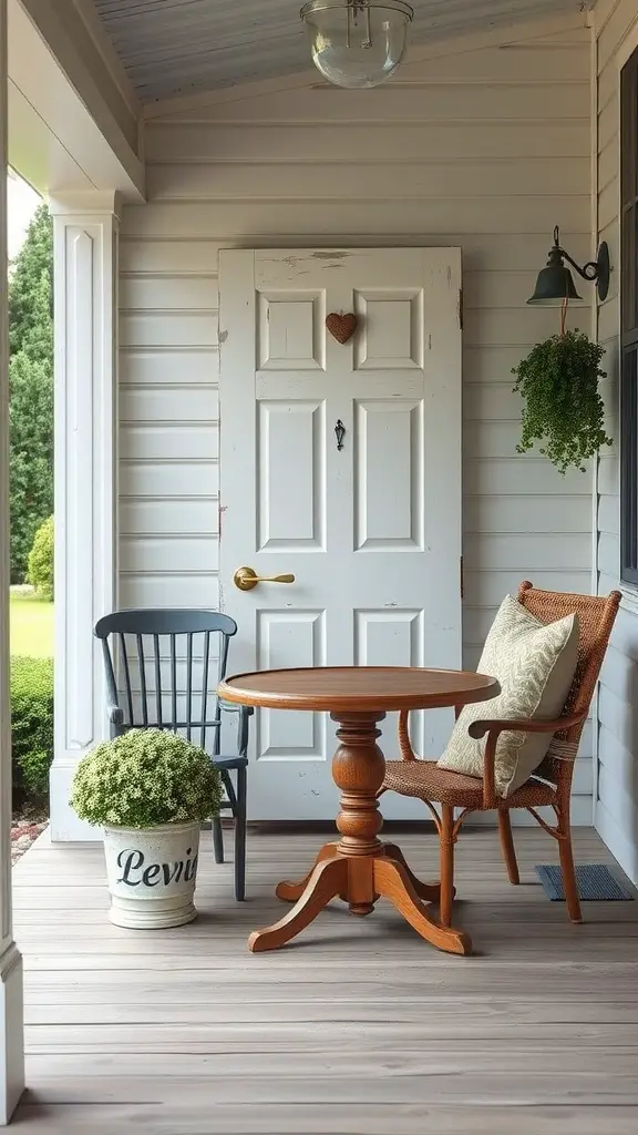 A charming front porch with a wooden round table, two chairs, and a potted plant.