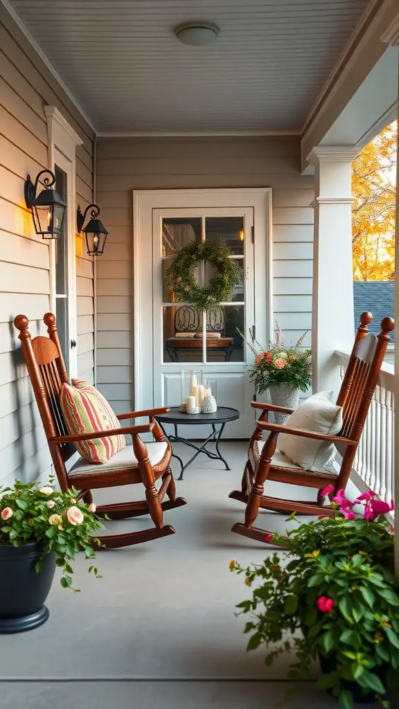 A charming front porch featuring two wooden rocking chairs with cushions, a small table, and potted plants, creating a cozy atmosphere.