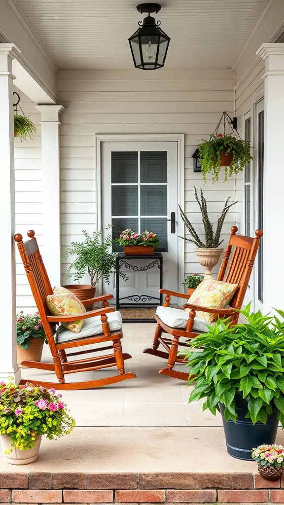 27 Cozy Front Porch Ideas for a Welcoming Home 5 A cozy front porch featuring two wooden rocking chairs with plump cushions, surrounded by potted plants and a warm light fixture above.