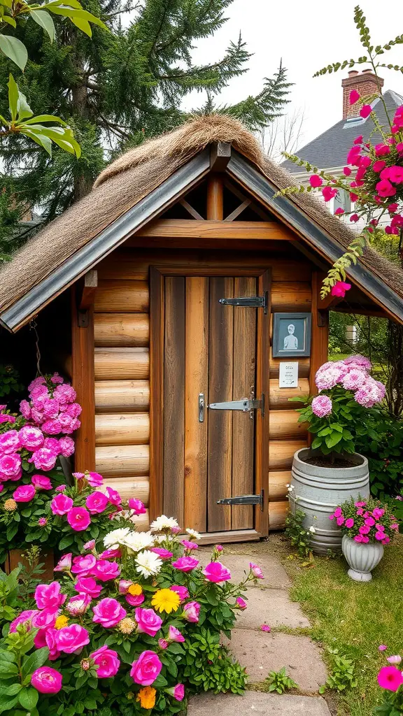 23 Stunning Garden Shed Exterior Ideas to Transform Your Backyard 8 A charming rustic wooden shed surrounded by colorful flowers, featuring a thatched roof and a wooden door.