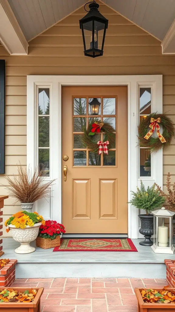27 Cozy Front Porch Ideas for a Welcoming Home 30 A front porch with a warm brown door, two green wreaths with red bows, and colorful flowers in pots.
