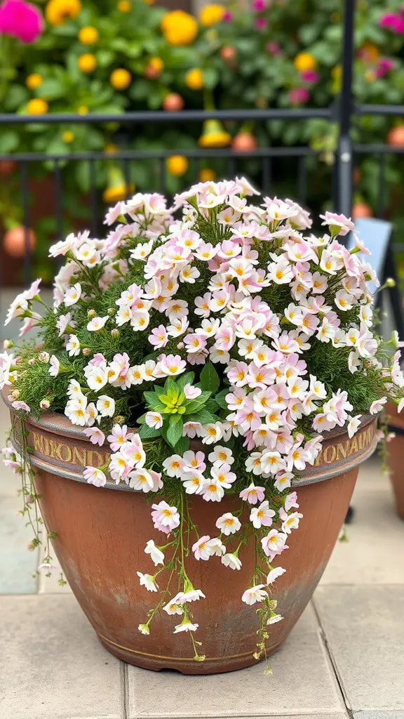 25 Beautiful Flowers Perfect for Container Gardening 13 Container filled with pink and white Sweet Alyssum flowers cascading over the edges