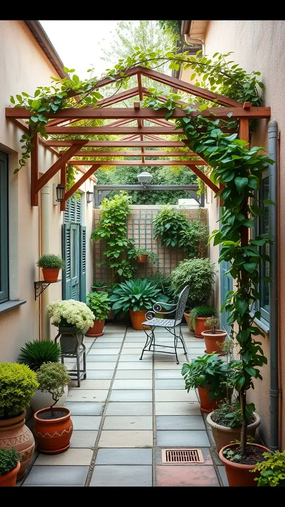 25 Creative Small Patio Ideas for Your Outdoor Space 23 A charming patio with a wooden trellis covered in climbing plants, surrounded by potted greenery and a metal chair.