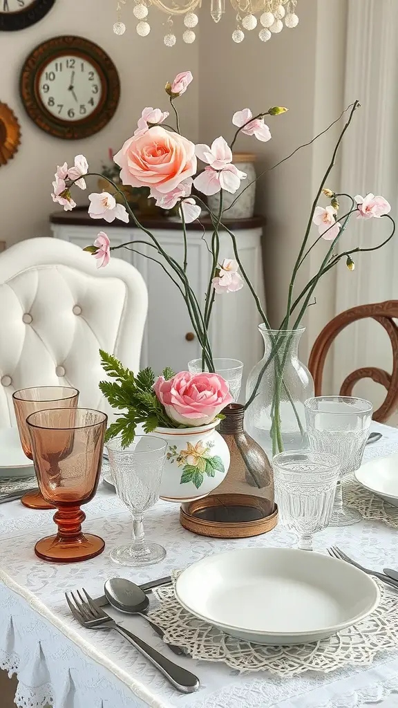 A vintage spring table setting with a floral centerpiece, amber and clear glassware, and elegant plates.