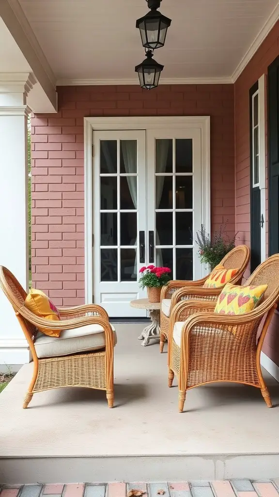 21 Creative Outdoor Front Porch Ideas for a Cozy Welcome 12 Cozy porch with wicker chairs and colorful pillows, surrounded by flowers and a small table.