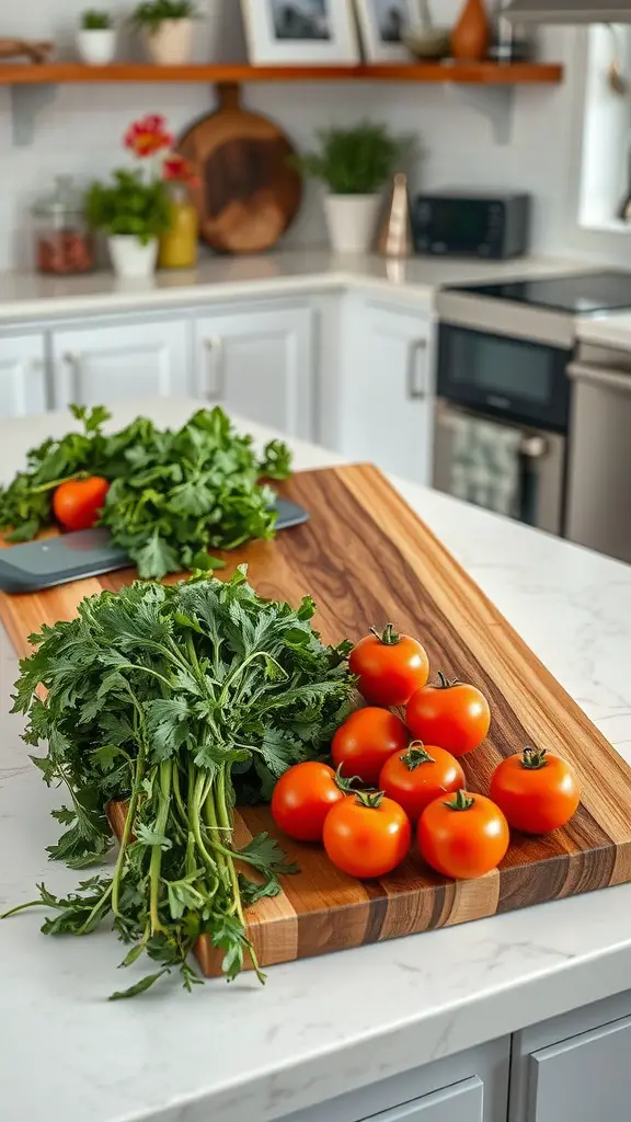 A wooden cutting board with fresh tomatoes and cilantro in a bright kitchen setting