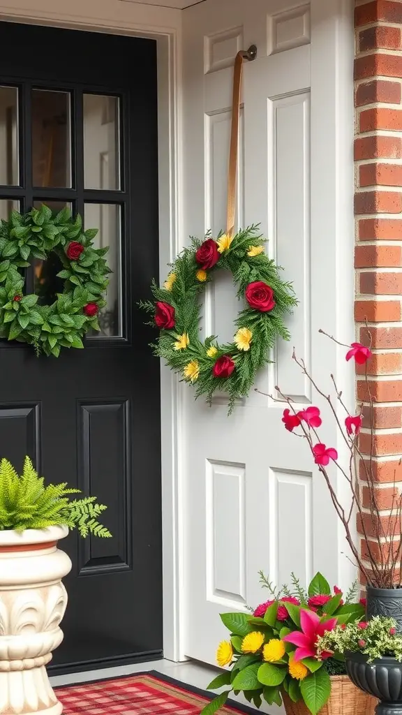 Two decorative wreaths hanging on a door, one with red roses and yellow flowers, and the other with green foliage. The porch features colorful potted plants and a red checkered doormat.