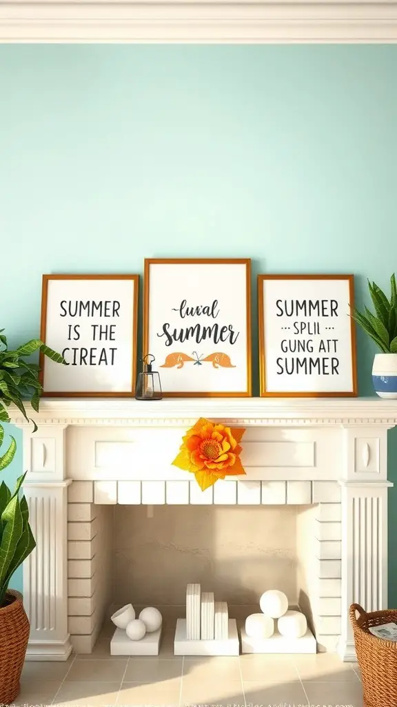 A summer-themed mantel with framed quotes, a large flower, and decorative items.