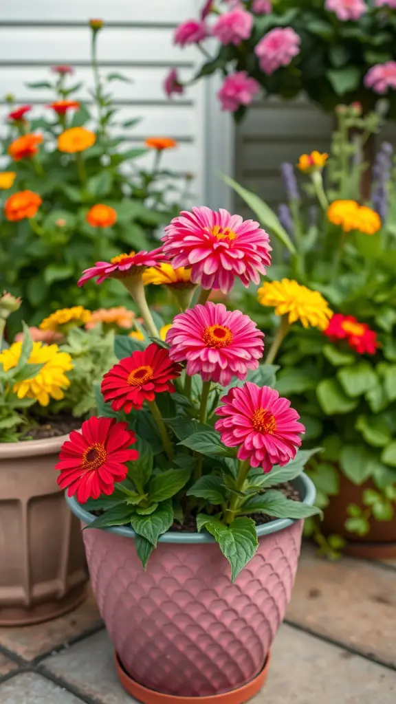 27 Stunning Potted Flowers Perfect for Your Patio 17 Vibrant zinnias in pink and red pots, surrounded by other colorful flowers on a patio.