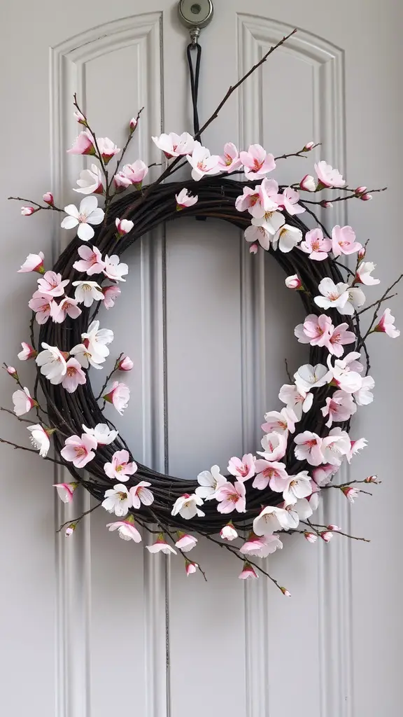 A cherry blossom wreath hanging on a front door, featuring pink and white flowers on a vine base.