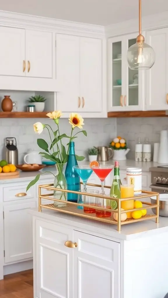 A stylish spring bar cart with colorful drinks and fresh flowers in a bright kitchen.