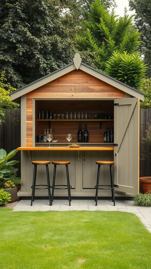 29 Creative Garden Shed Ideas for Every Backyard 19 A stylish bar shed in a garden with an open design and wooden finishes, featuring bar stools and shelves with glassware.
