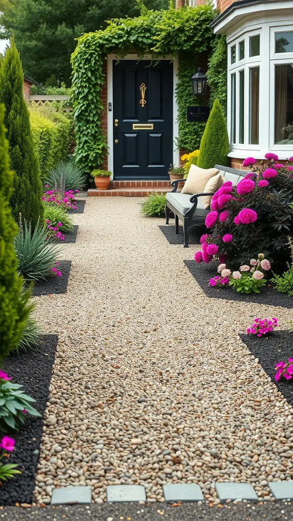 27 Stunning Front Garden Ideas to Transform Your Curb Appeal 11 A stylish gravel pathway leading to a front door, surrounded by colorful flowers and greenery.
