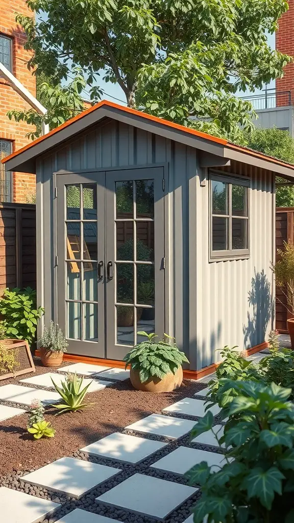 23 Stunning Garden Shed Exterior Ideas to Transform Your Backyard 5 A chic industrial-style garden shed with a gray exterior and orange roof, surrounded by plants and stepping stones.