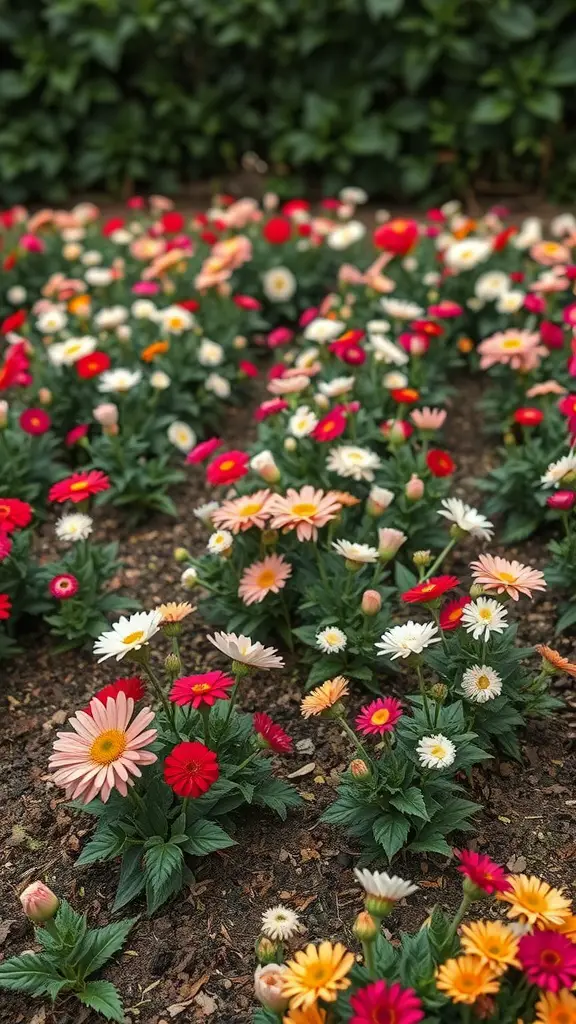 25 Beautiful Cut Flower Garden Ideas to Brighten Your Home 14 A colorful flower bed featuring various shades of gerbera daisies with a background of greenery.