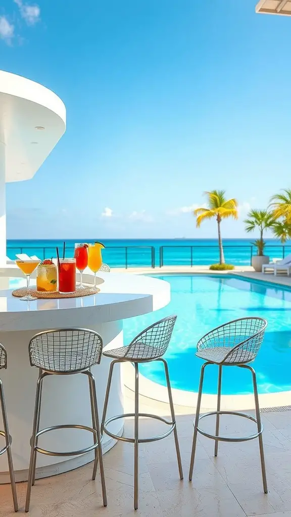 33 Creative Backyard Pool and Patio Ideas for Your Dream Outdoor Space 25 Stylish poolside bar with colorful drinks and modern seating by a clear blue pool