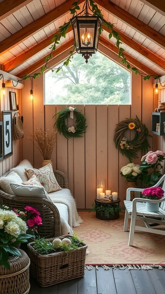 25 Creative Garden Shed Ideas for Your Outdoor Space 9 A cozy she shed interior with wicker furniture, decorative pillows, plants, and warm lighting.