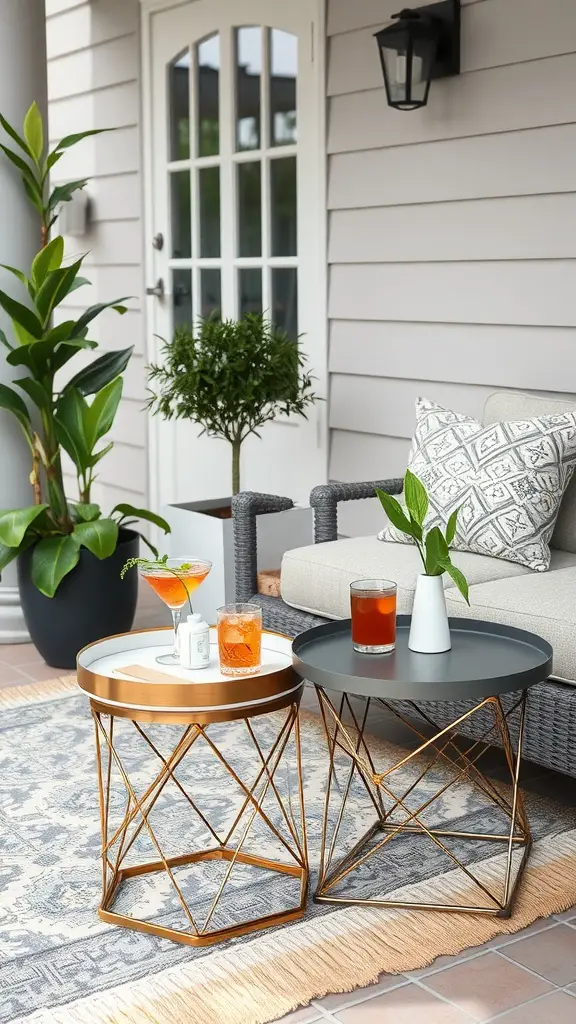 Chic side tables on a front patio with drinks and a small plant.